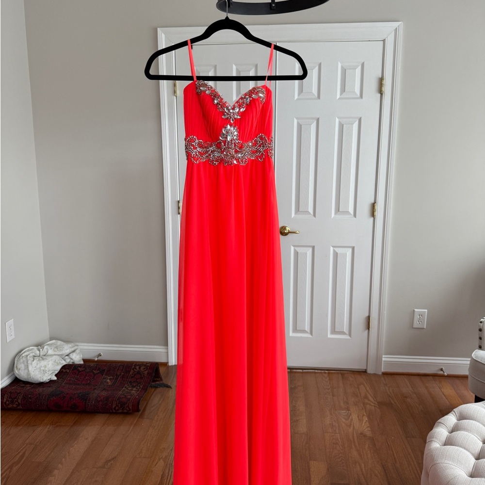 Elegant Bright Pink/Orange Gown with Silver Embellishments